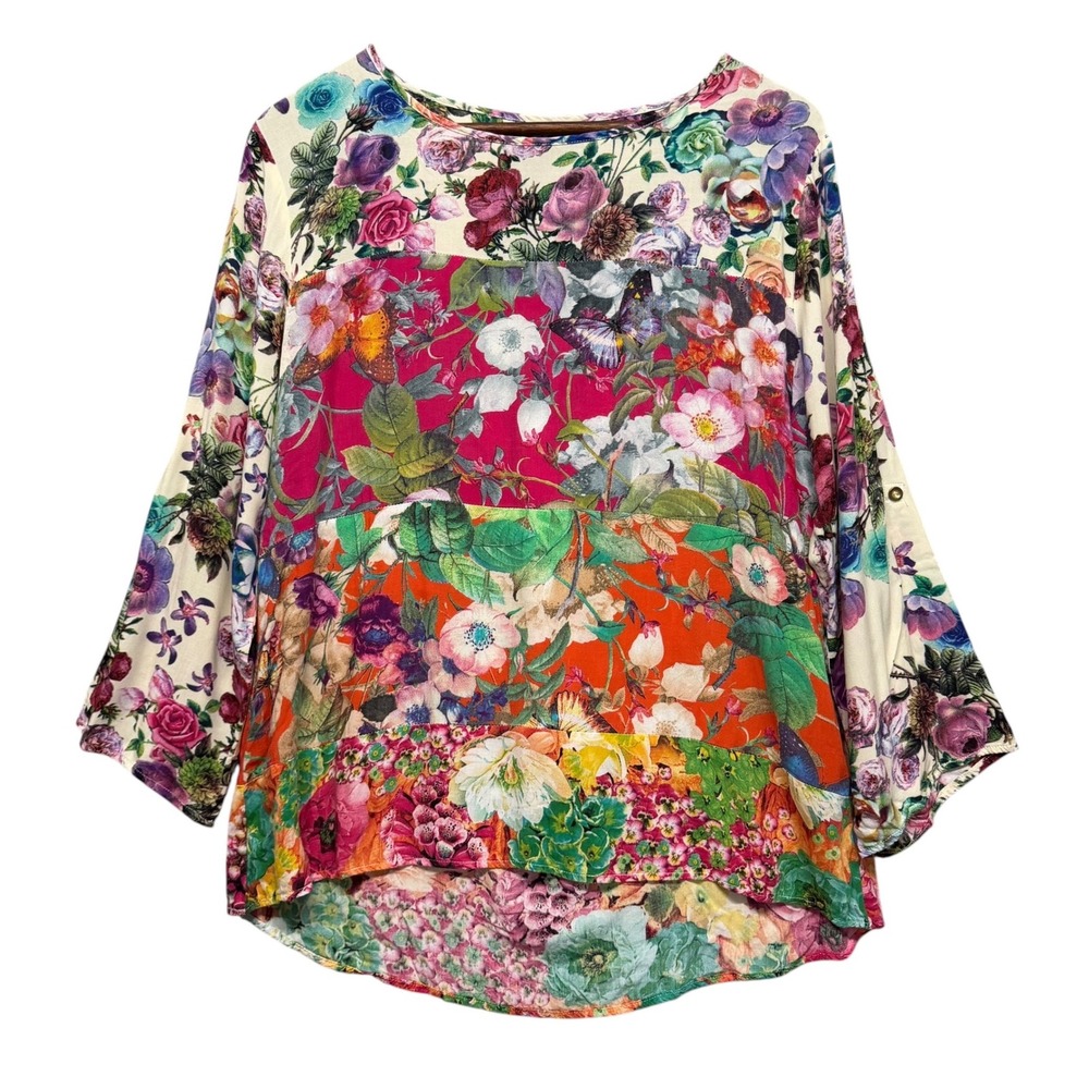 Calessa Top Womens M Multicolor Boho Mixed Floral Butterfly Art to Wear Feminine